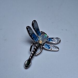 Elegant 925 Sterling Silver Blue and Silver Dragonfly Pendant With Center Opal